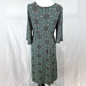 Ivy Jane deep vback aqua and mocha geometric print midi dress size medium
